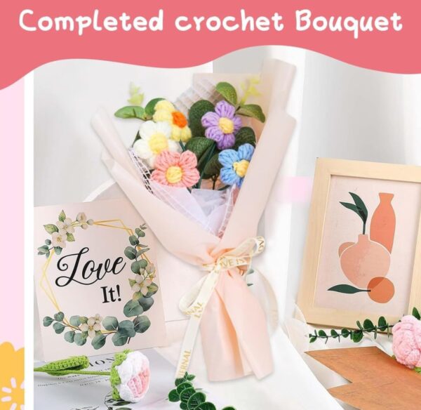 VRB Dec 1pcs Artificial Crochet Flower Bouquet/Artificial Flowers Bunch/Crochet flowers bouquet/Crochet flowers/Flowers Bouquet Gift for Girls Home Decor,gifting,etc. (Multicolor Daisy Bouquet