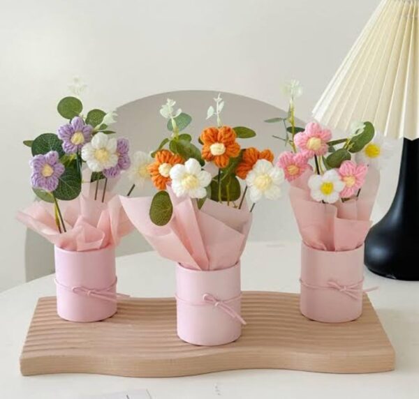VRB Dec 1pcs Artificial Crochet Flower Bouquet/Artificial Flowers Bunch/Crochet flowers bouquet/Crochet flowers/Flowers Bouquet Gift for Girls Home Decor,gifting,etc. (Orange Daisy Bouquet)