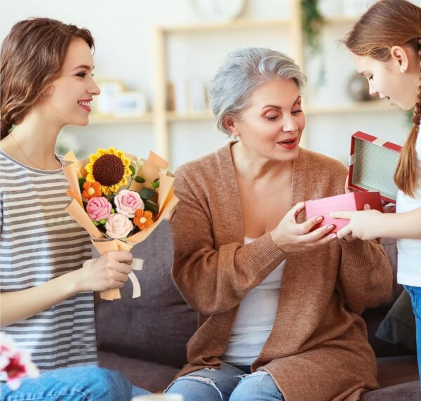 VRB Dec 1pcs Artificial Crochet Flower Bouquet/Artificial Flowers Bunch/Crochet flowers bouquet/Crochet flowers/Flowers Bouquet Gift for Girls Home Decor,gifting,etc. (Peony Rose Daisy Bouquet/)