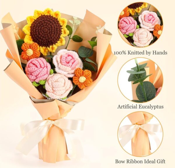 VRB Dec 1pcs Artificial Crochet Flower Bouquet/Artificial Flowers Bunch/Crochet flowers bouquet/Crochet flowers/Flowers Bouquet Gift for Girls Home Decor,gifting,etc. (Peony Rose Daisy Bouquet/)
